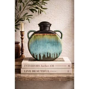 Drip Glaze Pilgrim Flask Vase | Blue Green Sculptural Pottery Decor